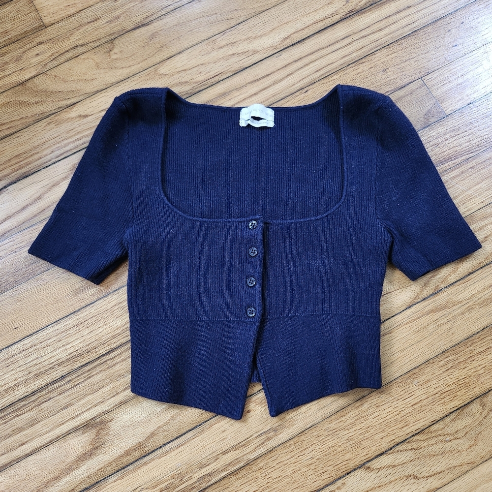 Urban Outfitters Navy Blue Ribbed Knit Button-Up Cardigan Sweater Crop Top
